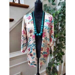 Beautifully Couture Women Floral Polyester Long Sleeve Open Front Kimono Small